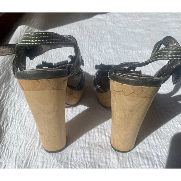 Sean L Faryl Robin Leather Strappy Heels Women’s Size 6 1/2 M Rockstar Cork Wood - Picture 7 of 12